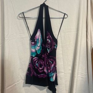 Purple teal and black flowered halter top takara